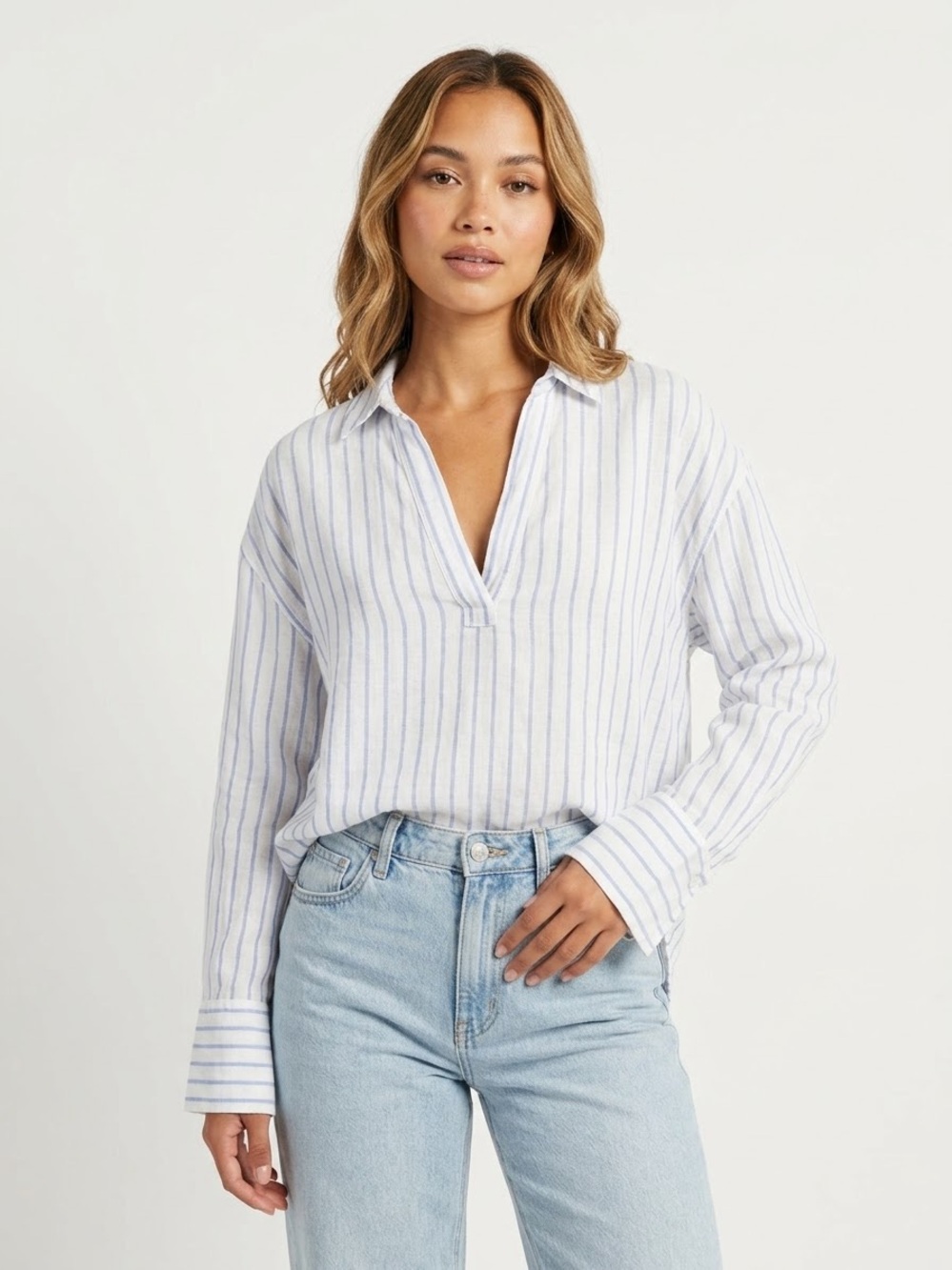 Martha Stewart Collection 100% Linen Blue & White Striped V-Neck Blouse Size M